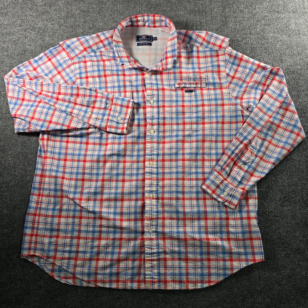 Vineyard Vines Performance Harbor Shirt XL Mens Plaid Fishing Vented Red Blue